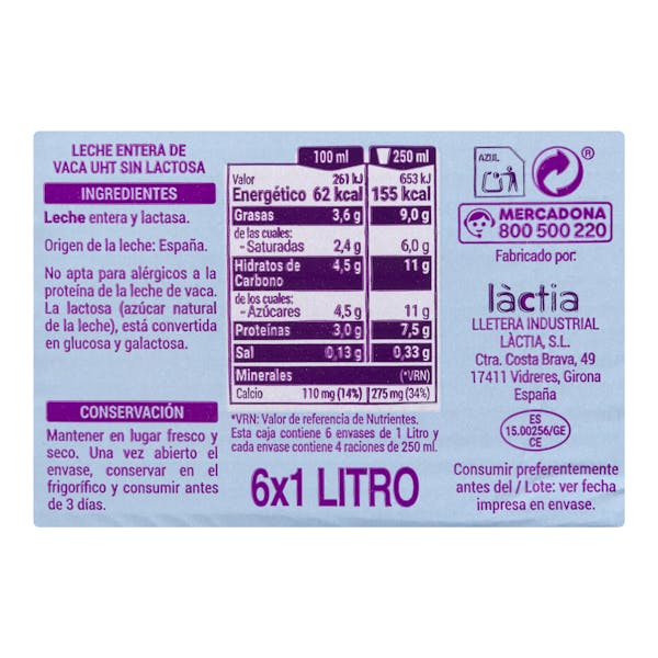 Leche entera sin lactosa Hacendado