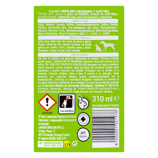 Champú perros y gatos con aloe vera Nuske efecto repelente