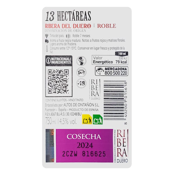Vino tinto roble 13 Hectáreas DO Ribera del Duero