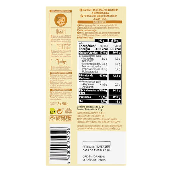 Palomitas de maíz sabor mantequilla Hacendado para microondas