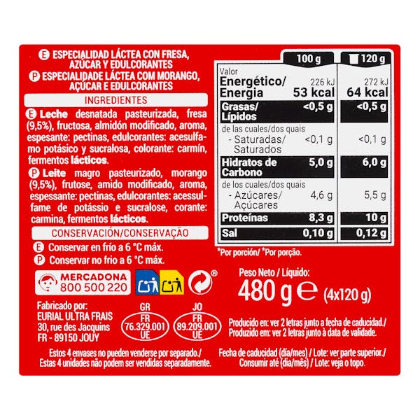 Postre lácteo con fresa +Proteínas Hacendado 0% MG 10 g proteínas