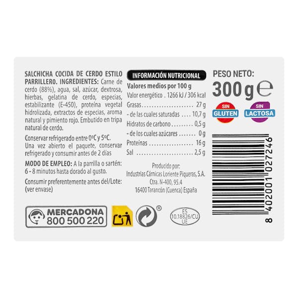 Salchichas cocidas de cerdo Hacendado estilo parrillero