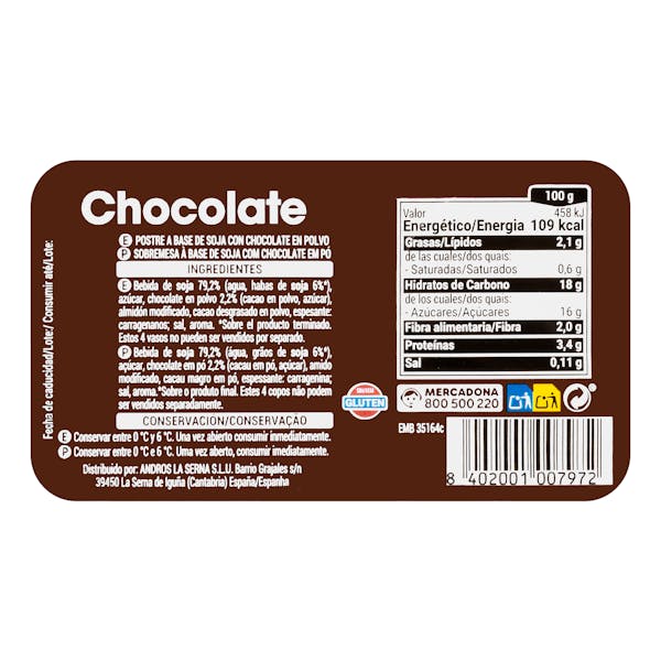 Postre de soja sabor chocolate Hacendado