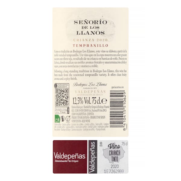 Vino tinto tempranillo crianza Señorío de los Llanos DO Valdepeñas