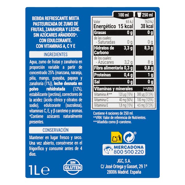 Fruta + leche mediterráneo Hacendado sin azúcares añadidos