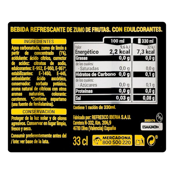 Refresco de limón Hacendado zero azúcar fresh gas
