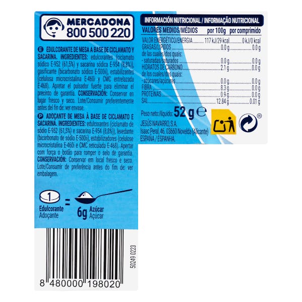 Edulcorante en pastillas sacarina Hacendado
