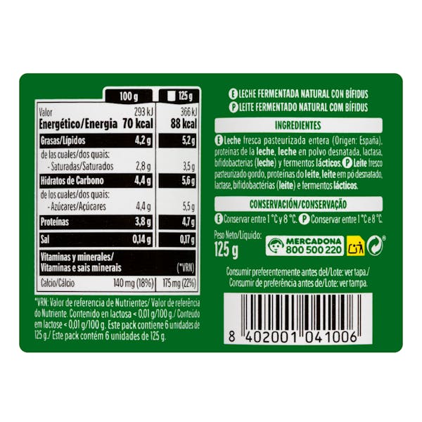 Bífidus natural probióticos Hacendado