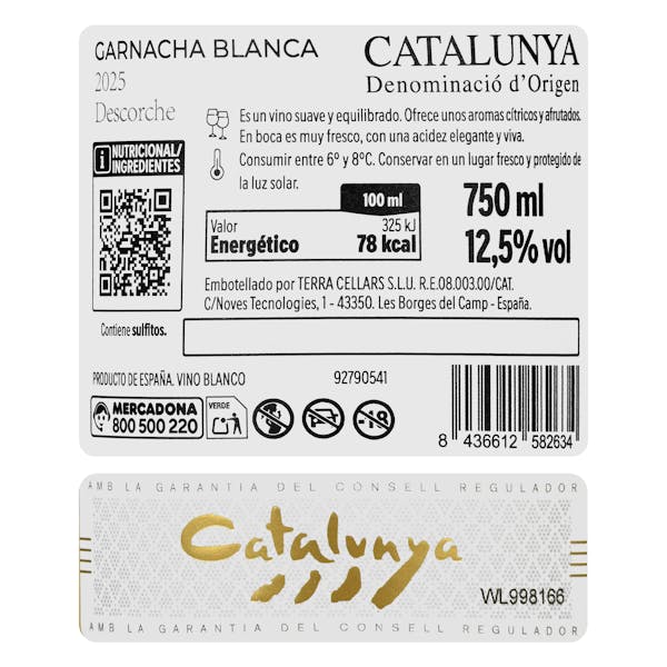Vino blanco Garnacha Blanca Descorche DO Catalunya