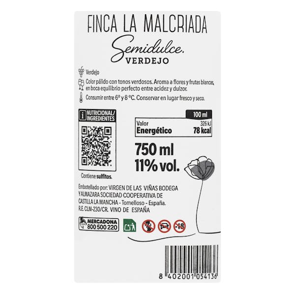 Vino blanco semidulce verdejo Finca La Malcriada