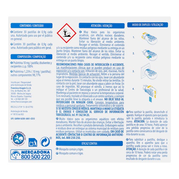 Insecticida antimosquitos eléctrico recambio pastillas