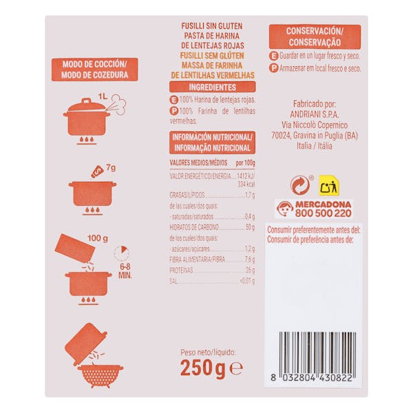 Pasta fusilli 100% lentejas rojas Felicia