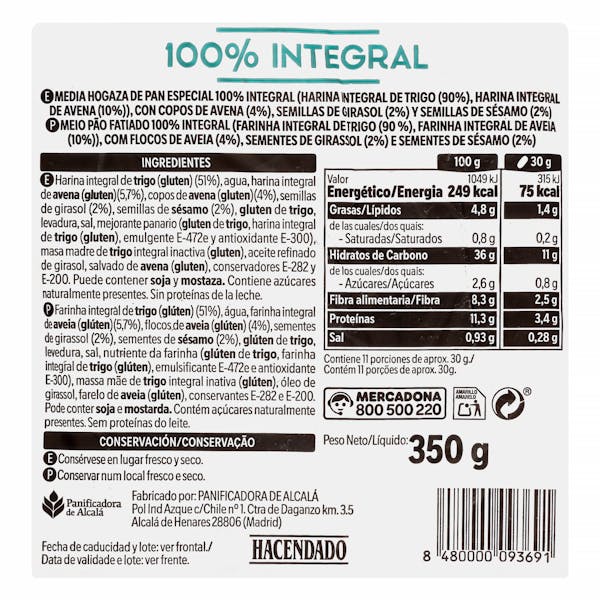 Media Hogaza integral de avena, semillas de girasol y sésamo rebanado