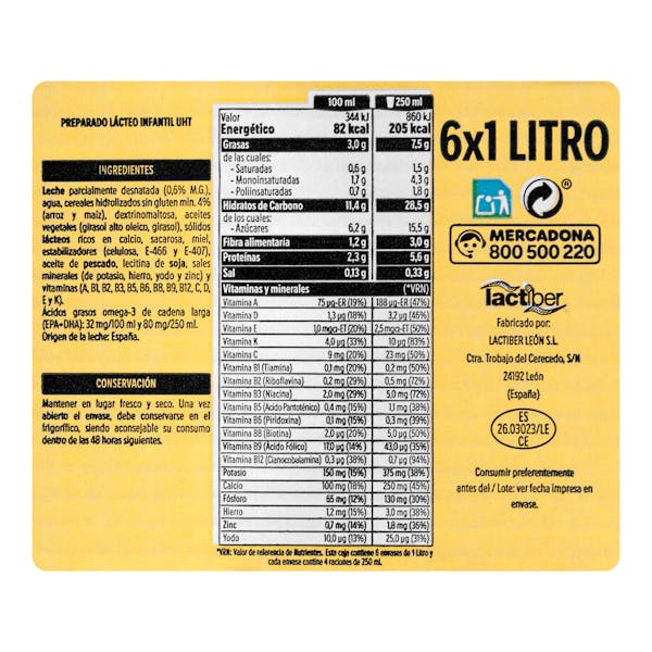 Preparado lácteo con cereales Hacendado +1 año