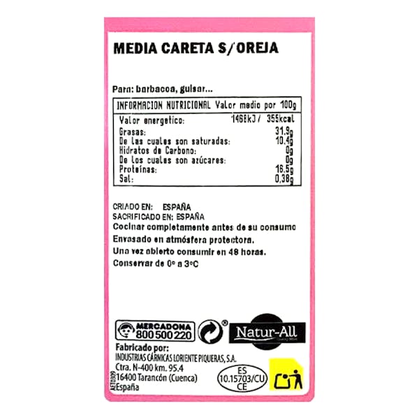 Media careta de cerdo sin oreja