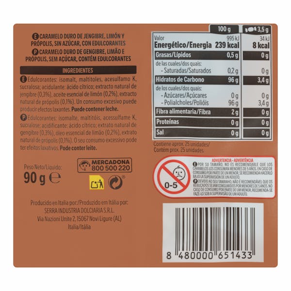 Caramelos jengibre y própolis Hacendado 0% azúcares