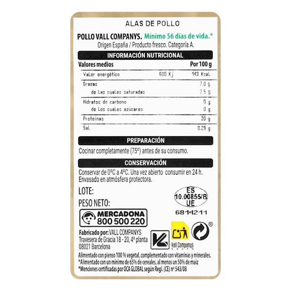 Alas enteras de pollo certificado alimentado con un 50% de maíz