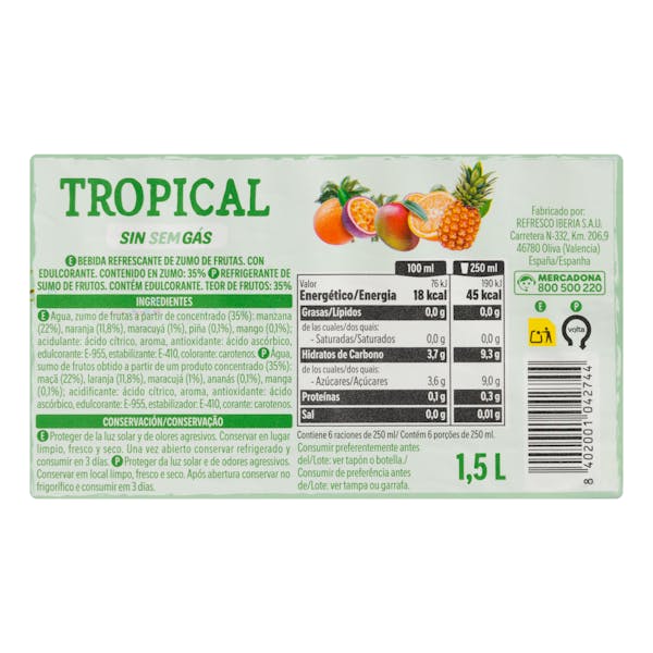 Refresco sin gas Tropical Hacendado