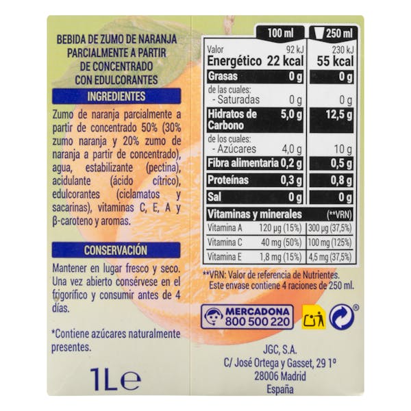 Bebida de naranja Hacendado sin azúcares añadidos