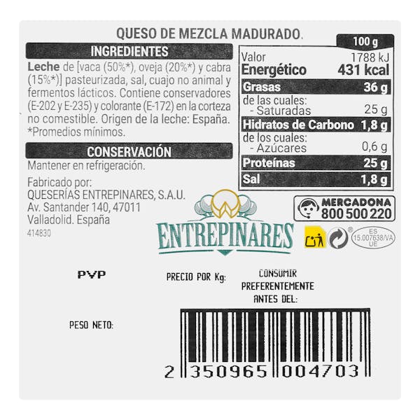 Queso curado mezcla Hacendado