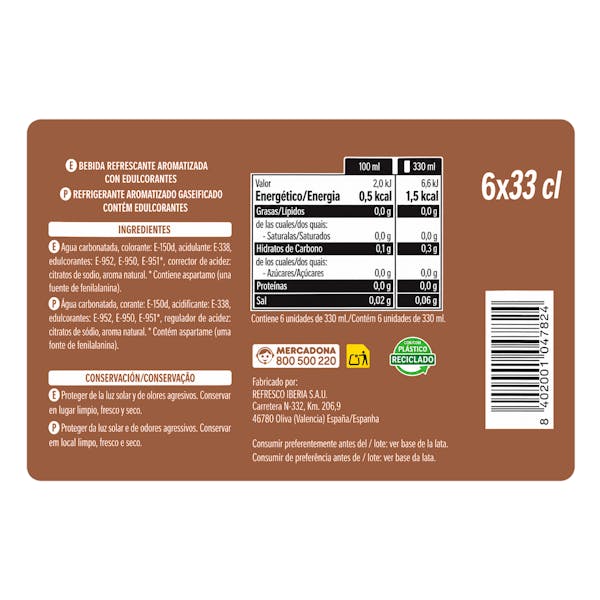 Refresco cola Hacendado zero azúcar zero cafeína