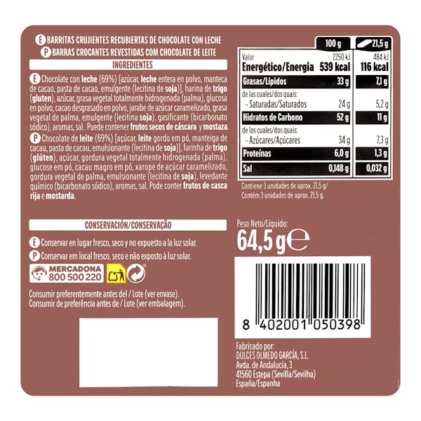 Barritas crujientes Hacendado recubiertas de chocolate con leche