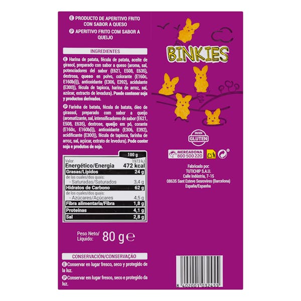 Snack frito Binkies sabor queso Hacendado