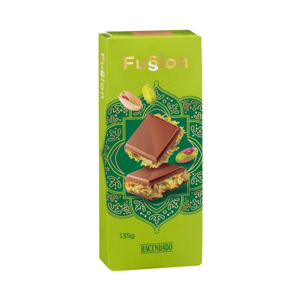 Imagen de Chocolate con leche Fussion Hacendado relleno de crema de pistacho y masa filo tostada