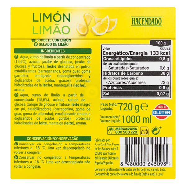 Helado sorbete con limón Hacendado