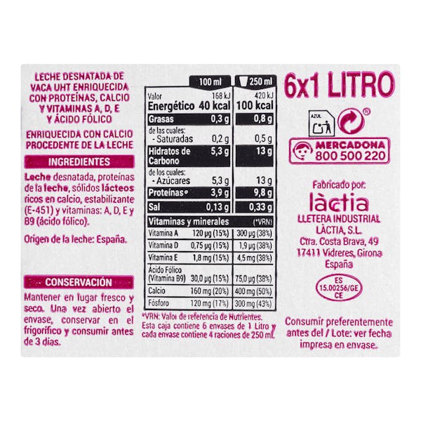 Leche desnatada calcio Hacendado