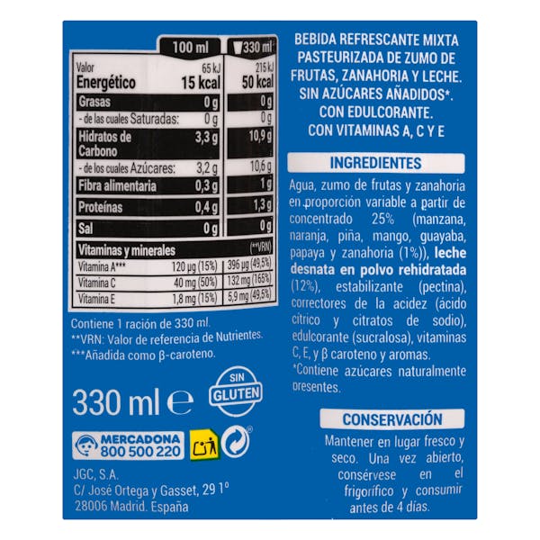 Fruta + leche mediterráneo Hacendado sin azúcares añadidos