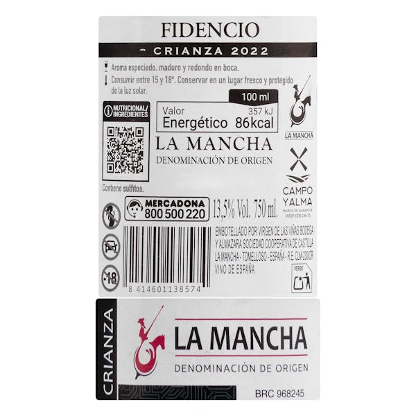 Vino tinto crianza Fidencio DO La Mancha