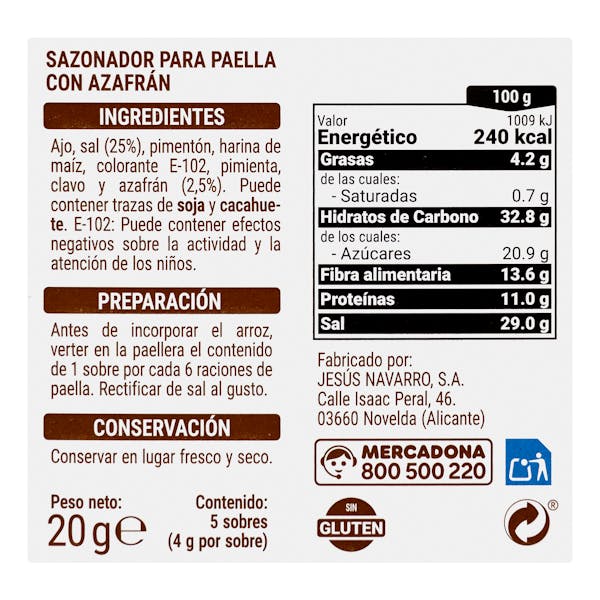 Sazonador para paella con azafrán Hacendado