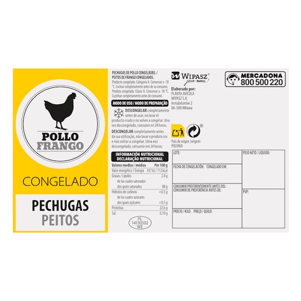 Pechugas de pollo enteras congeladas