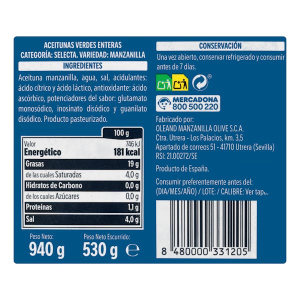 Aceitunas verdes con hueso Hacendado