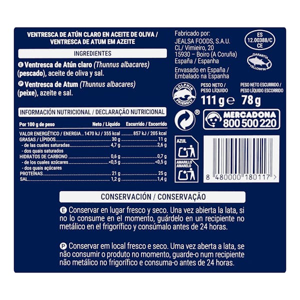 Ventresca de atún claro en aceite de oliva Hacendado