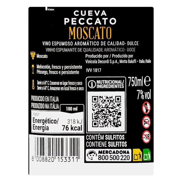 Vino blanco dulce espumoso Moscato Cueva Peccato