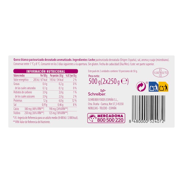 Queso fresco Burgos desnatado 0% MG Hacendado