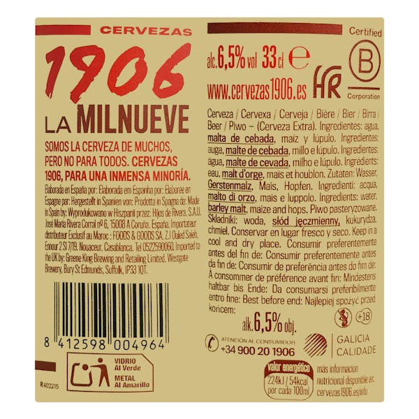 Cerveza extra 1906 reserva especial