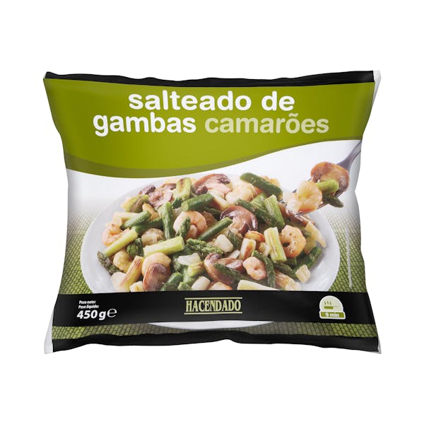 Salteado de gambas, espárragos verdes, ajos tiernos, champiñón y cebolla Hacendado ultracongelado