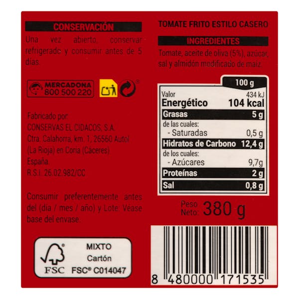 Tomate frito estilo casero Hacendado