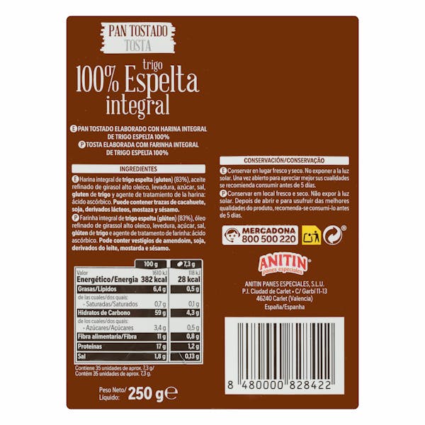 Pan tostado 100% espelta integral Hacendado