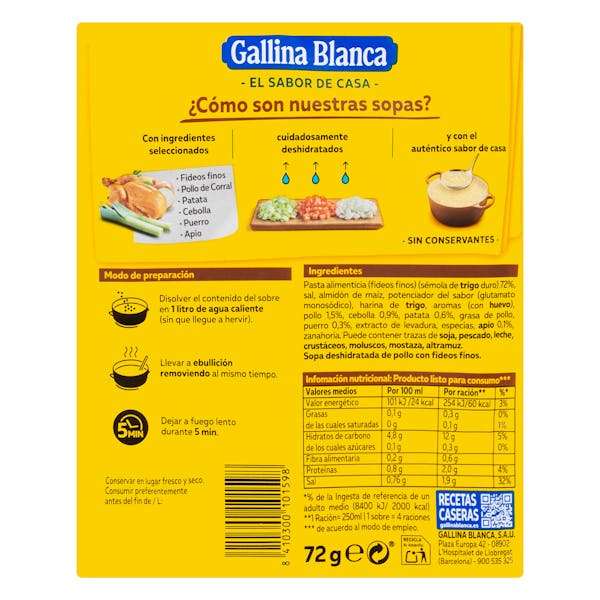 Sopa de pollo Gallina Blanca con fideos finos