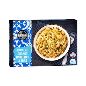 Migas de bacalao dorado con cebolla y patatas paja Hacendado congelado