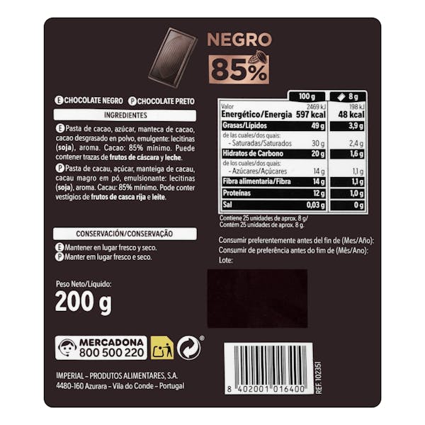 Porciones de Chocolate negro 85% cacao extrafino Hacendado