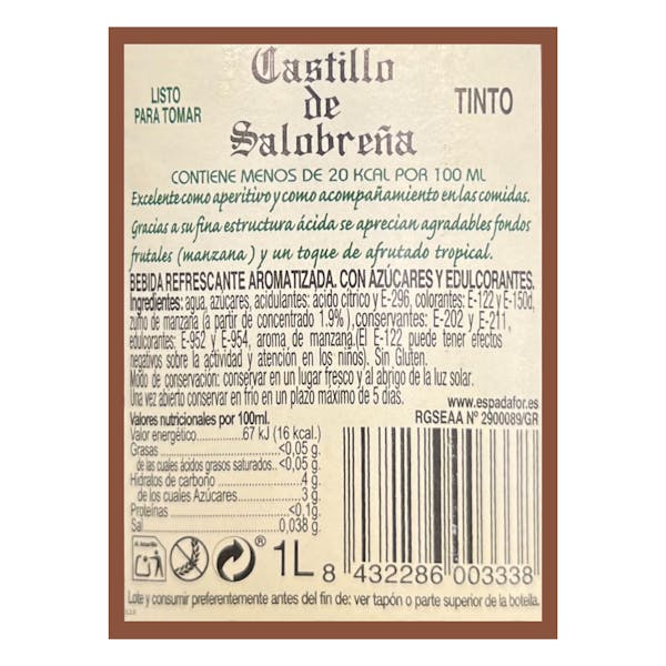 Bebida refrescante aromatizada tinto sin alcohol light Castillo de Salobreña