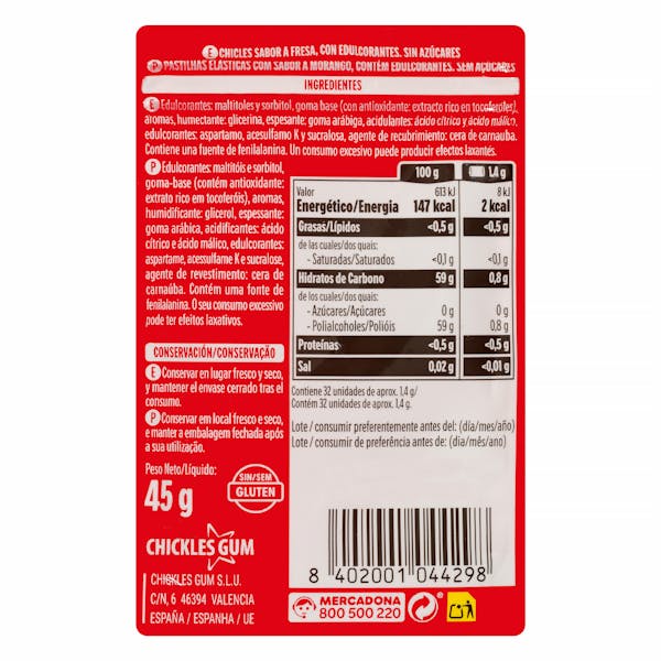 Chicles gragea fresa sin azúcar Hacendado
