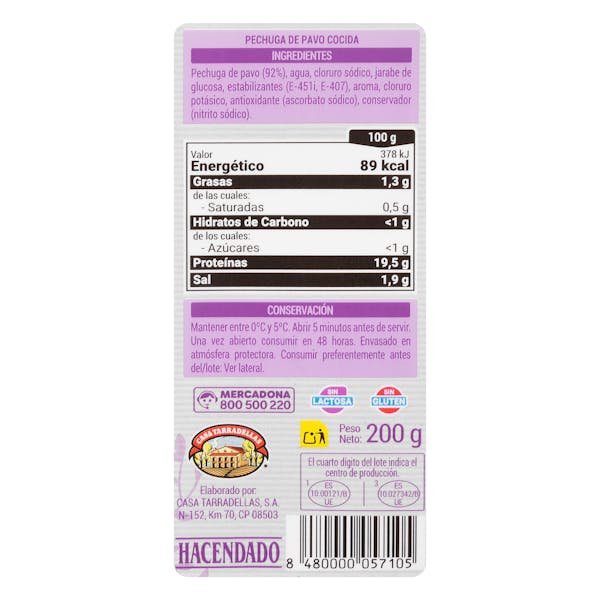 Pechuga 92% pavo Hacendado lonchas