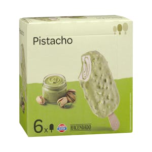 Helado bombón pistacho Hacendado con cobertura, salsa y granillo de pistacho