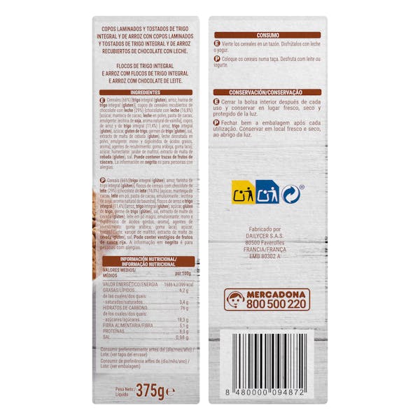 Cereales copos de trigo integral y arroz Hacendado bañados en chocolate con leche